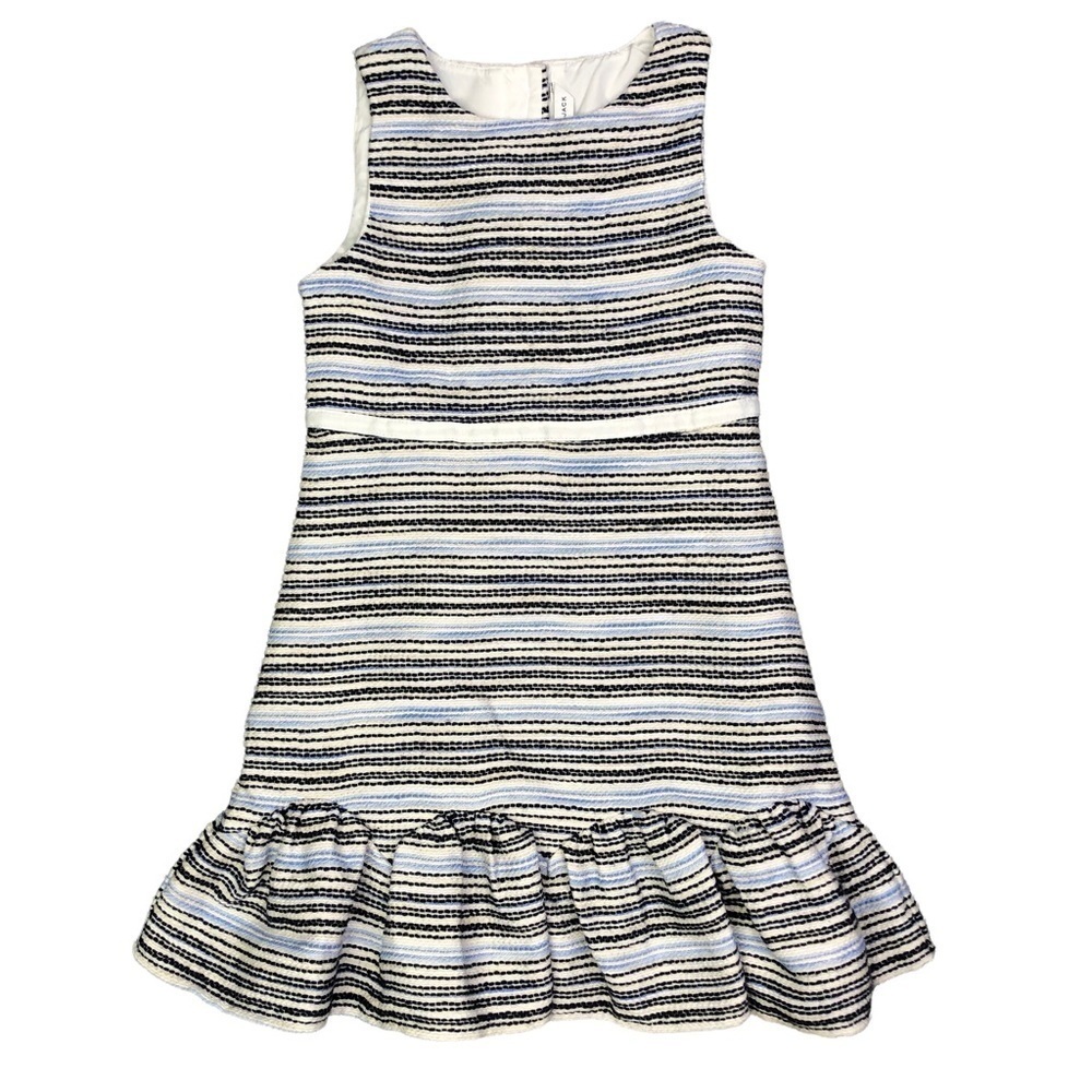 Janie and Jack dress rustic woven striped sleeveless flounce blue white 6